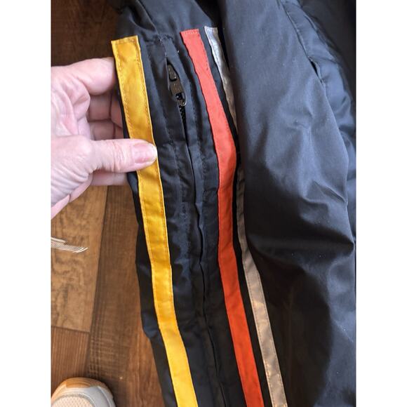 VTG AMF Harley Davidson Biker Pants Men Black Orange Racing Stripe Snow Bibs S/M - Picture 4 of 13